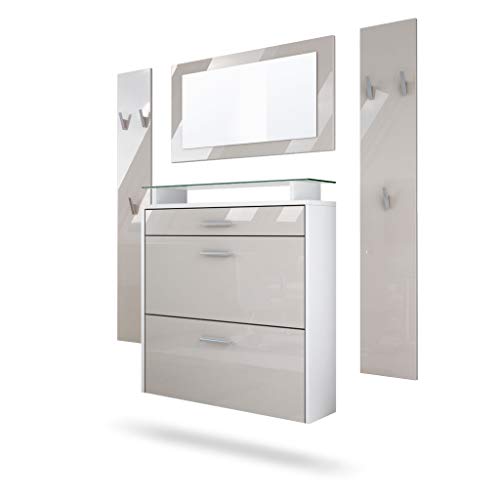 Vladon Garderobe Malea, Garderobenset bestehend aus 1 Hängeschuhschrank, 1 Wandspiegel und 2 Garderobenpaneele, Weiß matt/Sandgrau Hochglanz