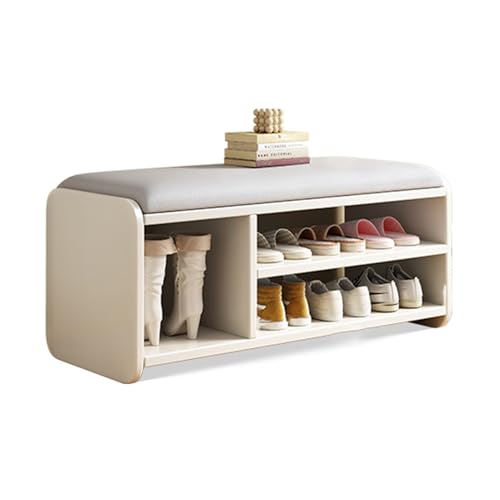 Generisch Schuhbank aus Holz, Schuhregal im Landhausstil, Schuhaufbewahrungsbank mit gepolstertem Sitz, Aufbewahrungsbank, 2-stöckige Schuhbank, für Eingangsbereich, Flur, Schlafzimmer (weiß, 80 cm)