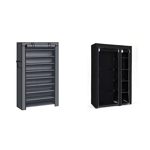 SONGMICS Schuhregal mit 10 Ebenen, Schuhschrank, Schuhaufbewahrung, mit staubdichtem Überzug RXJ36G Stoffschrank, Kleiderschrank, Faltschrank, Campingschrank mit Kleiderstange LSF007