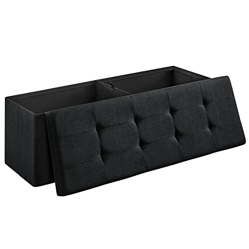 SONGMICS Sitzbank mit Stauraum, Sitztruhe, Aufbewahrungsbox, faltbar, max. statische Belastbarkeit 300 kg, mit Trenngitter, 120 Liter, 38 x 110 x 38 cm, Leinenimitat, schwarz LSF077B01