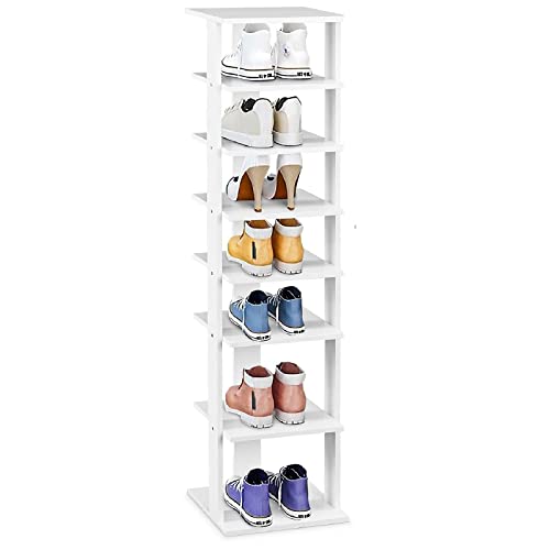 GIANTEX Schuhregal mit 8 Ebenen Schschrank Holz Schuhständer vertikal platzsparend Schuh-Organizer Lagerregal freistehend Schubablage Eckregal für Zuhause weiß