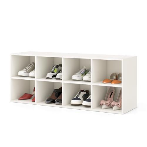 GOPLUS Schuhbank mit 8 Fächern, 3-stufige Sitzbank bis zu 230kg, Schuhregal aus Holz, Aufbewahrungsschrank für Wohnzimmer, Eingang, Kinderzimmer, 102 x 30 x 41cm (Weiß)
