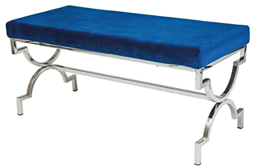 Casa Padrino Luxus Sitzbank Marineblau/Silber 99 x 43 x H. 46 cm - Gepolsterte Samt Bank mit verchromtem Edelstahl Gestell - Wohnzimmer Möbel