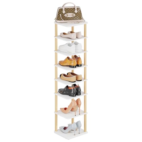LUCKNOCK 8 Ebenen vertikales Schuhregal, schmaler Schuhregal, stilvoller Schuh-Organizer, stilvoller Holz-Schuhständer, platzsparendes Schuhregal, Schuhturm, keine Werkzeugmontage, weiß.