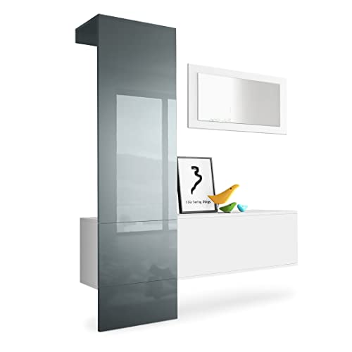 Vladon Garderobe Carlton Set 4, Made in Germany, Garderobenset bestehend aus 1 Garderobenpaneel, 1 Schrankmodul und 1 Wandspiegel, Weiß matt/Grau Hochglanz (156 x 193 x 35 cm)
