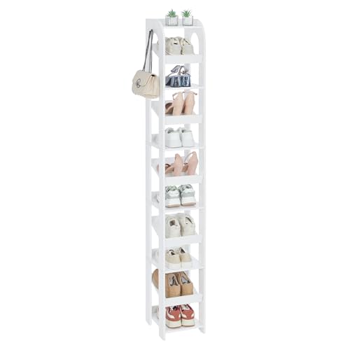Hzuaneri Vertikales Schuhregal, 11 Etagen schmale Schuhregale, Holz-Schuh-Organizer für Schrank, Eingang, Schuhturm für Kleine Räume, Freistehend, Verstellbar, mit Haken, Weiß SR12403X