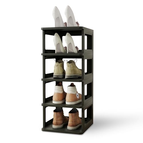 SEE SPRING 5-stöckiges stapelbares Schuhregal – Kunststoff-Schuhregal für Eingangsbereich, Schrank, Schlafzimmer – für Schuhe der Größe 13, platzsparend und stabil (schwarz)