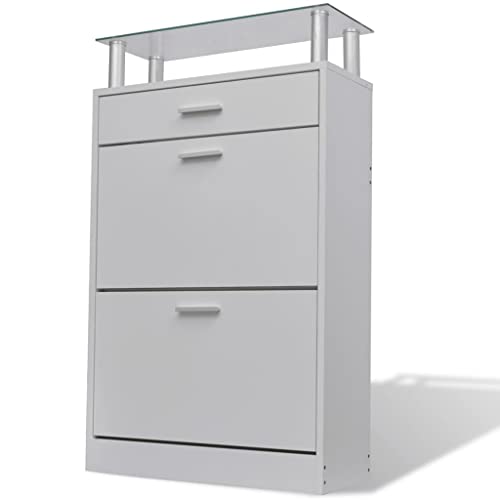 HEFZGDB Schuhschrank mit Schubfach und oberem Glasregal Holz Weiß Shoe Storage Schuhregal Platzsparend Badezimmer Regal Shoe Cabinet für Küche Eingangshalle Wohnbereich Schlafsaal