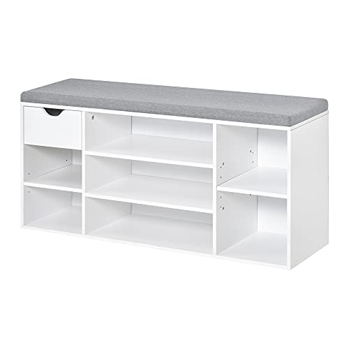 HOMCOM Schuhbank Sitzbank Sitztruhe mit Ablagen Kissen Schublade Eingangsbereich großer Lagerraum verstellbar Spanplatte Schaumstoff Leinenartiges Polyester Weiß+Grau 101 x 29 x 47,5 cm