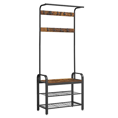 VASAGLE Garderobenständer, Garderobe,, 4 in 1 Design, 9 abnehmbare Haken, Kleiderstange, Eingangsbereich,, 33,7 x 77 x 183 cm, Industrie Design, vintagebraun schwarz HSR40B