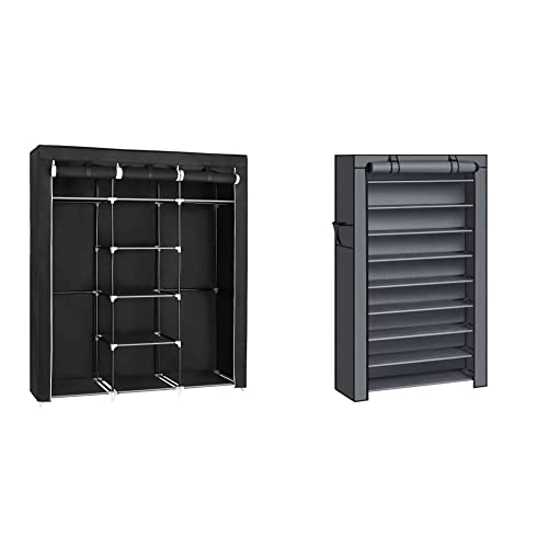 SONGMICS Kleiderschrank, Faltschrank, Stoffschrank, 175 x 150 x 45 cm, schwarz RYG12B & Schuhregal mit 10 Ebenen, Schuhaufbewahrung, Schuhorganizer, für bis zu 40 Paar Schuhe, 88 x 28 x 160 cm, grau