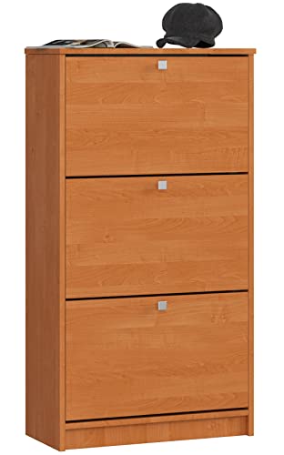 AKORD Schuhschrank mit 3 Schuhkippern | Schuhkipper | Schuhregal geschlossen | Schuhbank | Schuhaufbewahrung | B60 x H113 x T28,5 cm, Gewicht 29 kg | Farbe Erle