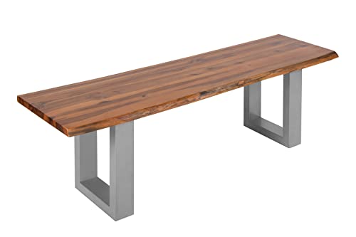 SAM® Sitzbank 160x40 cm Ida, Akazien-Holz, Massive Holzbank, Baumkantenbank mit Silber lackierten Metallbeinen