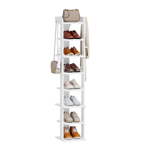 Hzuaneri Schuhregal, Schmales Schuhablage mit 8 Ebenen, Holz-Schuh-Organizer mit Haken, Verstellbar, Platzsparend, Geeignet für Eingang, Flur, Wohnzimmer, Weiß SR20803X