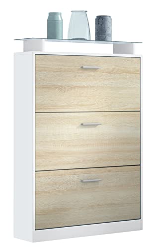 Vladon Schuhschrank Lavia, Made in Germany, Schuhkipper für 24 Paar Schuhe mit 3 Klappen und Glasablage, Weiß matt/Eiche sägerau (89 x 128 x 23 cm)