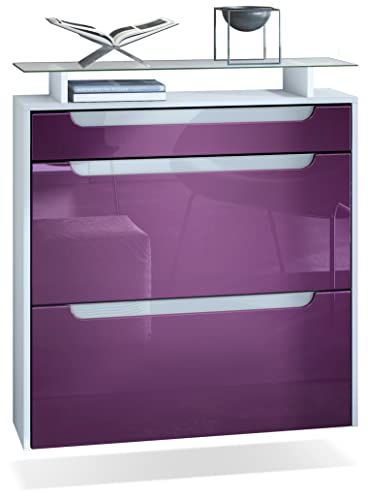 Vladon Schuhschrank Annie, Schuhkipper für 16 Paar Schuhe mit 2 Klappen, 1 Schublade und Glasablage, Weiß matt/Brombeer Hochglanz/Weiß Hochglanz (89 x 96 x 23 cm)