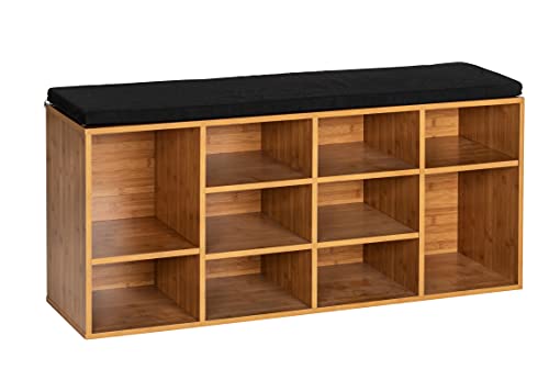 WENKO Schuhbank mit Sitzpolster Loft, Schuhregal im Fabrikflair mit Sitzfläche für bis zu 10 Paar Schuhe, moderner Schuhschrank & Sitzbank aus MDF in Bambusoptik, 103 x 48 x 29,5 cm, Schwarz / Natur