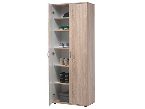 möbelando Schuhschrank 2 Türen 5 verstellbaren Einlegeböden für ca. 16-20 Paar Schuhe, Metallbeschläge, Flurschrank Garderobenschrank, Mehrzweckschrank, Schrank, 70 x 176 x 34 cm (B/H/T) Sonoma Eiche