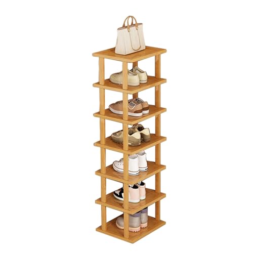 Generisch Vertikales Schuhregal aus Holz mit 7 Ebenen, Organizer für Enge Räume, Schuhturm aus natürlichem Bambus für Schrank, Eingangsbereich, Flur, Schlafzimmer, Wohnzimmer