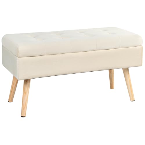 Hawthyhome Sitzbank mit Stauraum 80 × 35 × 43 cm, Schuhbank Polsterbank mit Aufbewahrungsbox Samtbezug Holzbeine für Flur,Wohnzimmer,Schlafzimmer Creme