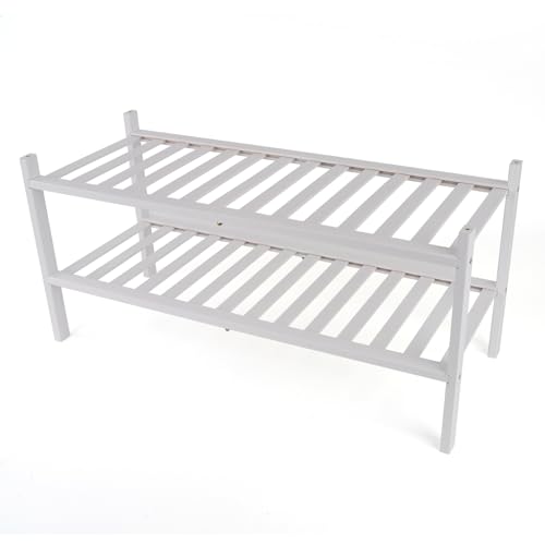 BAM BOO BOX - Schuhregal aus Bambus, Schuhablage mit 2 Ebenen, 68 x 28 x 32 cm, Erweiterbar Stapelbar, Schuhschrank Holz, Shoe Rack, Regal für Wohnzimmer oder Flur (Weiß)