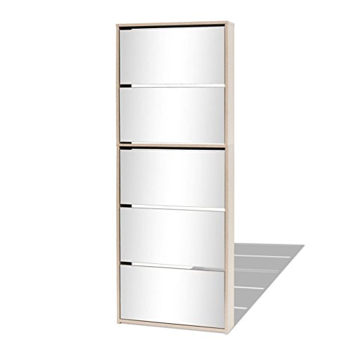 Festnight- Schuhkipper Schuhschrank mit 5 Klappfächer | Schuhregal aus Spanplatte + Spiegel | Spiegelschrank 63 x 17 x 169,5 cm | für Eingang Flur Wohnzimmer