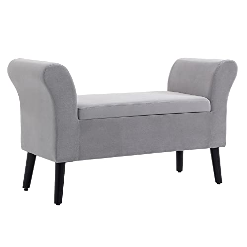 HOMCOM Sitzbank Polsterbank mit Stauraum Armlehnen Truhenbank modern Flur Schlafzimmer Wohnzimmer samtartiges Polyester Gummiholz Hellgrau 111,5 x 41 x 65 cm