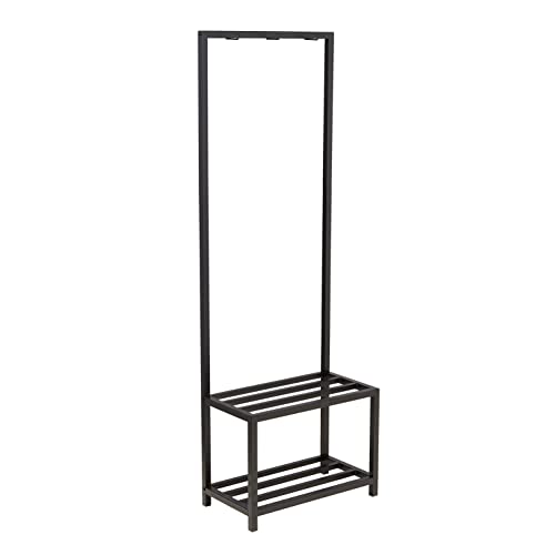 Amazon Basics 3-Haken-Garderobe mit Schuhbank und 2-Ebenen-Aufbewahrung, Schwarz, 59.9 cm x 33 cm x 175.2 cm