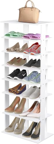 FANTASK höhenverstellbares Holz-Schuhregal, 8-facher vertikaler Schuh-Organisator, platzsparendes Schuhregal in Doppelausführung, freistehendes Eckregal in weiß