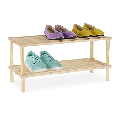 Relaxdays Schuhregal Holz, schmaler Schuhständer mit 2 Ebenen, bis zu 4 Paar Schuhe, H x B x T: 29,5 x 63 x 26 cm, Natur