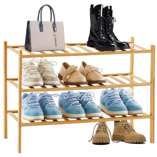 GBACHOOSE Schuhregal aus Bambus, Schuhablage mit 3 Ebenen, 69 x 28 x 50 cm Bambus Schuhregal, Schuhregal Holz Stapelbar, Schuhregal Klein, Shoe Rack Bambus für Schuhe, Pflanzen, Bücher