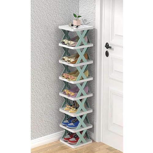 Vertikales Schuhregal aus Kunststoff für Eingangsbereich, Eckschrank, stapelbar, freistehend, Schuhregal für platzsparende Aufbewahrung (Blau, 8 Etagen)
