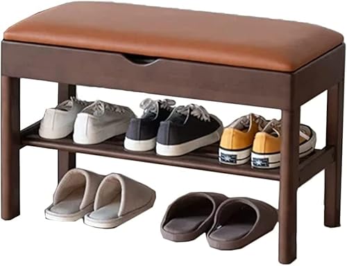 Schuhregal, Bank, Holz, Aufbewahrungsbank, PU-Leder, gepolsterte Bank, Schuhständer mit versteckter Aufbewahrungsbox (Color : Brown, Size : 72.6 * 35 * 46.5cm)