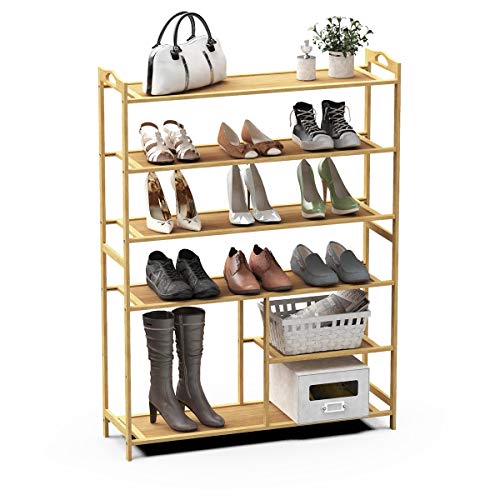 Lesfit Schuhregal Bambus Rahmen Schuhablage, 6 Ablage Schmal MDF Holz Standregal, Multifunktion DIY Holzregal 80x26x102cm