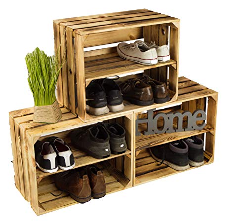 3 x Schuhschrank Schuhregal aus geflammten Holzkisten Schuhablage für 12 Paar Schuhe als Schuhständer Schuhaufbewahrung aus Holz Maße 50x30x40cm (je Kiste) stabiles Regal in Obstkisten Optik
