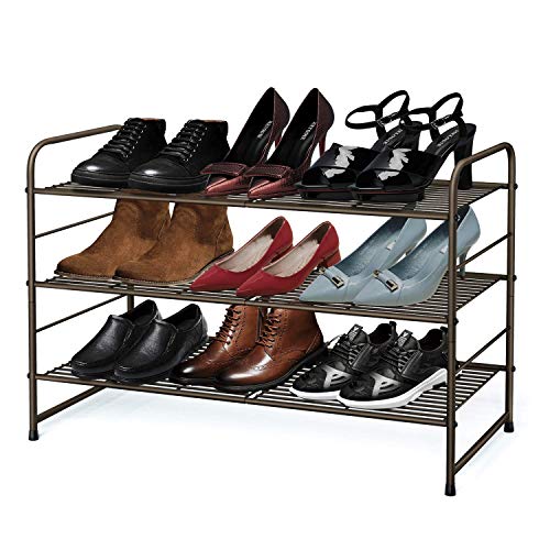 VIAV Design Schuhregal Stapelbar, Schuhregale 3 Ebenen Metall, Schuh-Organizer für bis zu 9-12 Paar Schuhe, Verstellbarer Einlegeboden, 69x30x50cm, Braun