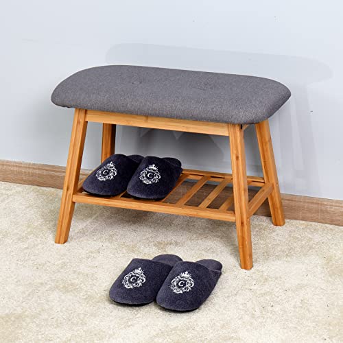 Garhelper Schuhbank Holz, gepolsterte Schuhbank Sitzbank Aufbewahrungsbank Bambus, Knopftufting gepolstert Schuhregal für Flur Garderobe Wohnzimmer
