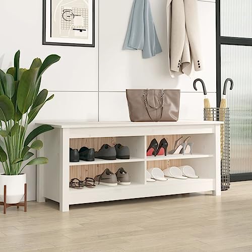 FENLAX Schuhregal Eingangsbereich Schuhbank Weiß 110x38x45,5 cm Massivholz Kiefer Schuhaufbewahrung Schuh-Organizer Holz Schuhständerschrank Stauraum Schrank für Flur Schlafzimmer Elegante