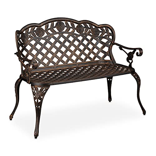 Relaxdays Gartenbank, 2 Sitzer, Rosen, Terrasse, Balkon, Aluminium Guss, antike Sitzbank, 84x111,5x56 cm, schwarz/bronze