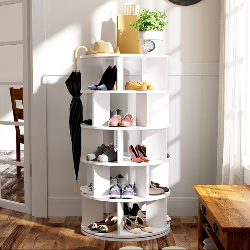 HAINEW Moderner Rund Drehbarer Schuhregal Schuhschrank, Weiß 5 Ebenen Holz-Schuhregal, 115cm Hoch Multifunktional Schuhablage Schuhaufbewahrung, für Flur, Schlafzimmer, Wohnzimmer, Eingangsbereich