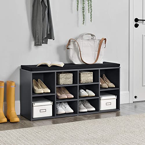 [en.casa] Schuhregal und Sitzbank mit 10 Ablageflächen 103x30x48cm Schuhschrank Schuhständer Schuhkommode Dunkelgrau mit Polsterkissen Schwarz