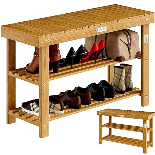 Casaria® Schuhregal mit Sitzfläche Holz Massiv 160kg Belastbarkeit FSC®-Zertifiziert Akazie 3 Ebenen Flur Bad Schuhbank Sitzbank Schuhschrank Braun