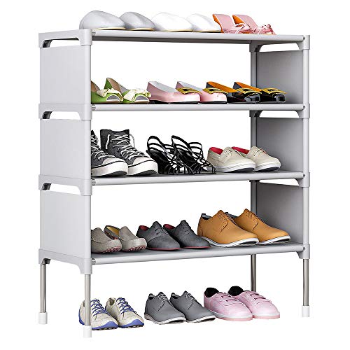 TZAMLI Verstellbar Schuhregal mit 4 Ebenen, Stapelbar Aufbewahrung für 12 Paar Schuhe für Wandschrank Eingangsbereich Flur, Stahlrahmen und Stoffregale, 58 cm x 27 cm x 64 cm (Grau)