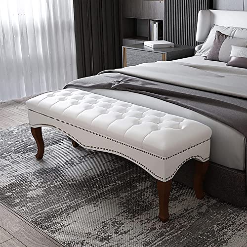 Premium-Faxu-Leder-Ende der Bettbank für Schlafzimmer, gepolsterte Sofa-Sitzbank mit Beinen aus massivem Holz, moderner Fußhocker, Multifunktionsbänke-Weiß 90 x 40 x 45 cm (35 x 16