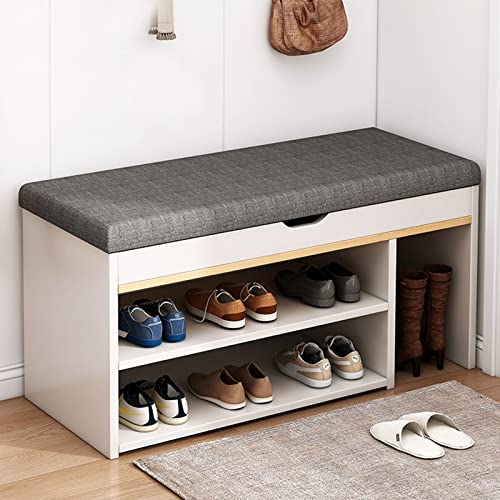 ZHANGshouf Schuhaufbewahrungsbank mit Klappdeckel, gepolsterte Eingangsbank aus Holz, 2/3-stufiger Schuhregal-Organizer für Flur, Schlafzimmer, Wohnzimmer (80 x 28 x 43 cm, weiß)