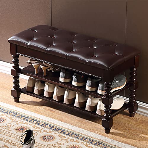 XZFDC Schuhbank Massivholz Speicherbank Eingangsbereich,③-Rang Vintage Schuh-Rack Mit Lederkissen,Rustikalen Schuhbank Mit Römisches Bein Für Flur Schlafzimmer Leben-Walnut 100x35x48cm(39x14x19inch)