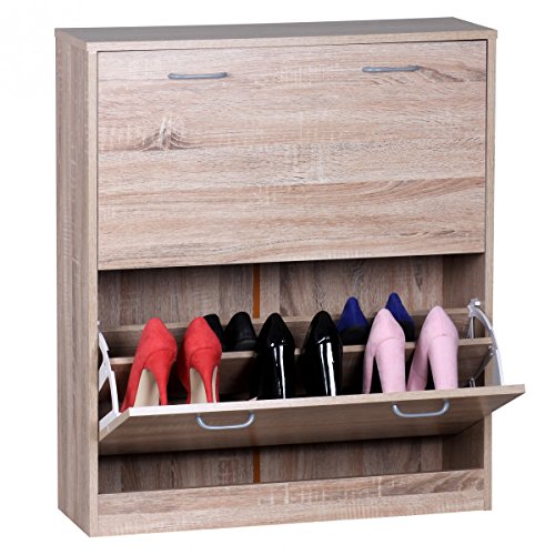 Wohnling Schuhkipper Kiel Sonoma-Eiche matt 2 Fächer 75 x 87 x 24 cm | Design Holz-Schuhschrank zum klappen | Schuhkommode modern mit Ablage