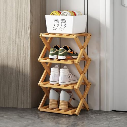4 Etagen Bambus Faltbar Schuhregal Klein Einfache Montage Vertikal Faltbare Holz Schuhregale Aufbewahrung Für Engen Raum Schuhregal Für Korridore, Schlafzimmer, Flur, Ecke, Wohnung Kleiner Raum