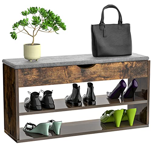 PIPIPOXER Schuhschrank Schuhbank mit Sitzbank und Sitzkissen, Sitzbank mit Sitzfläche und Speicherfunktion,Holz Schuhregal mit Stauraum unter Sitzfläche für Flur und Eingang 80x30x44cm Dark Braun