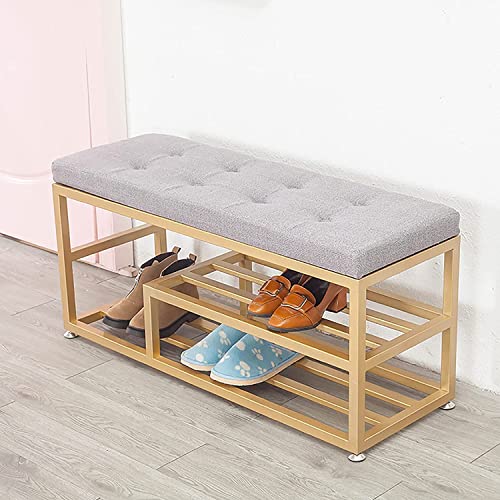 CATANK Moderne Eingangsbank, Schuhbank, gepolsterte Schuhregal-Bank, Schuhaufbewahrung, Sitzbank, Eingangsmöbel, Schuh-Organizer mit goldenem Schuhregal, Leinen, 60 x 35 x 45 cm (24 x 14